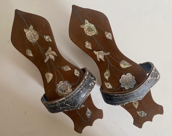 Antique Ottoman Bride Bath Slippers | Mother of Pearl & Wood Carving | Rare Hamam Wedding Accessory