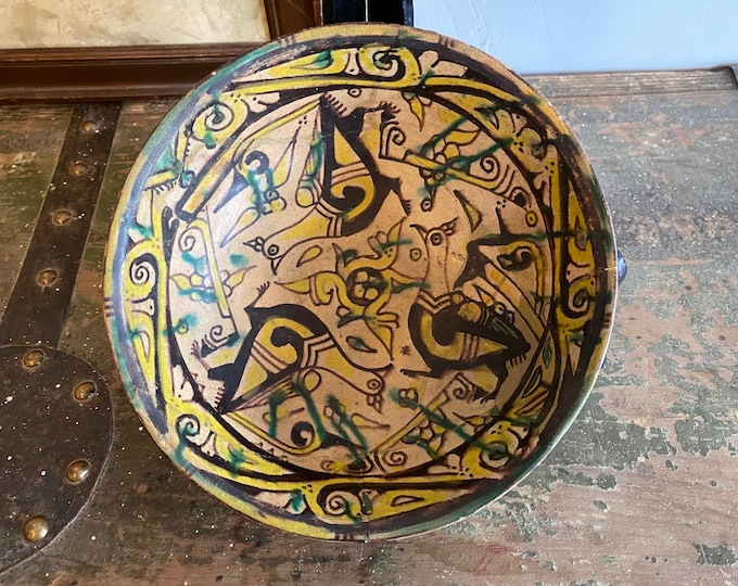 Rare 19th Century Neo-Seljuk Style Ceramic Bowl -Hand-Painted Mythical Figures-Authentic Near Eastern Artifact-Islamic Art Collector's Piece