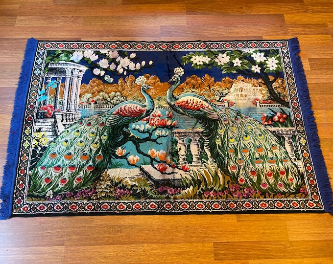 Vintage Handwoven Wool Turkish Rug: Peacock Motif Tapestry