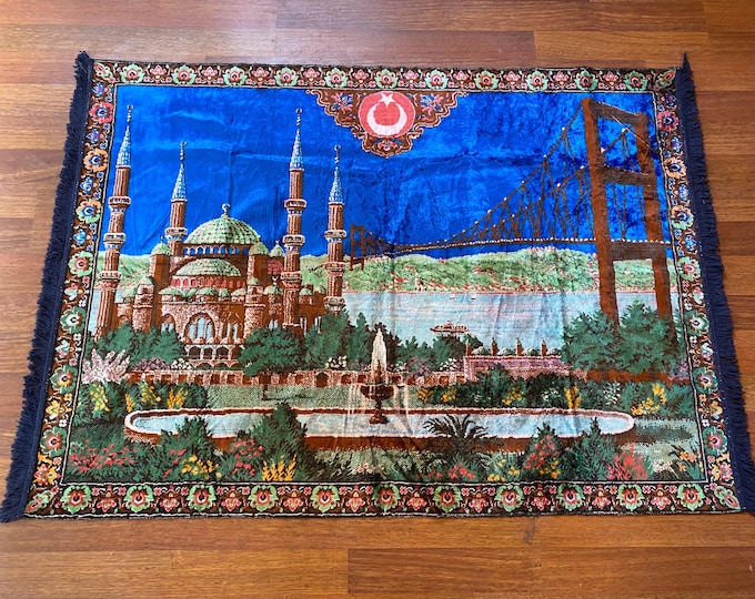 Vintage Turkish Wall Rug – Mosque, Flag & Bridge Motif – Istanbul Tapestry – Patriotic Wool Art – Boho Oriental Home Decor
