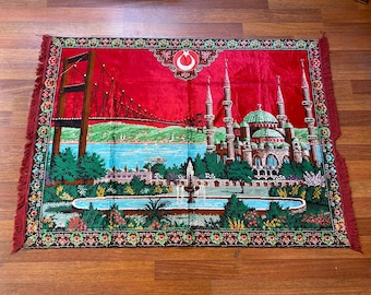 Vintage Turkish Wall Rug – Mosque, Flag & Bridge Motif – Istanbul Tapestry – Patriotic Wool Art – Boho Oriental Home Decor