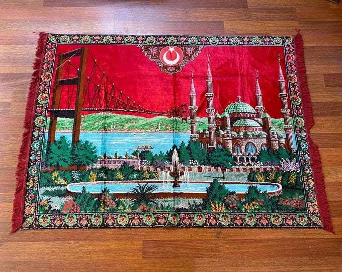 Vintage Turkish Wall Rug – Mosque, Flag & Bridge Motif – Istanbul Tapestry – Patriotic Wool Art – Boho Oriental Home Decor