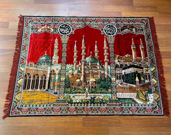 Turkish Kaaba Wall Tapestry – Islamic Velvet Mosque Art – Masjid al-Haram Mecca Decor – Muslim Prayer Room Gift – Hajj Umrah Ramadan Decor