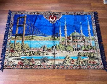 Vintage Turkish Wall Rug – Mosque, Flag & Bridge Motif – Istanbul Tapestry – Patriotic Wool Art – Boho Oriental Home Decor