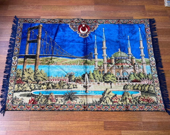 Vintage Turkish Wall Rug – Mosque, Flag & Bridge Motif – Istanbul Tapestry – Patriotic Wool Art – Boho Oriental Home Decor