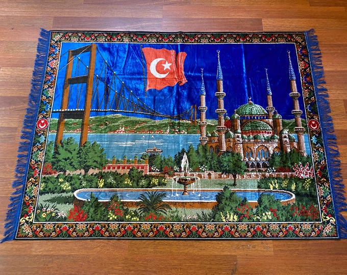 Vintage Turkish Wall Rug – Mosque, Flag & Bridge Motif – Istanbul Tapestry – Patriotic Wool Art – Boho Oriental Home Decor