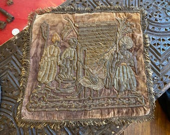 Rare 19th Century Ottoman Silk & Gold Thread Embroidery - Janissary and Ashik (Minstrel) Theme - Folk Art Textile -  Wall Hanging