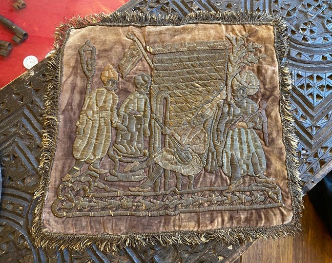 Rare 19th Century Ottoman Silk & Gold Thread Embroidery - Janissary and Ashik (Minstrel) Theme - Folk Art Textile -  Wall Hanging