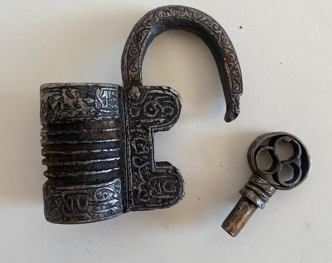 Antique Ottoman Padlock with Keys | Hand-Forged Iron Lock | Silver Ornament Rare Collectible Lock