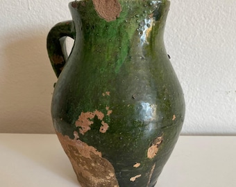 Rare Green Anatolian Clay Pitcher – Unique Form Turkish Pottery – Antique Handmade Ceramic Jug – Rustic Home Decor