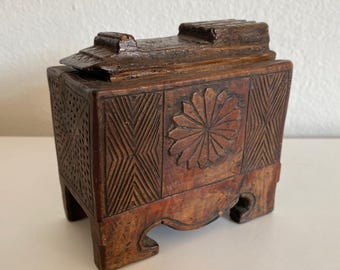 Antique Ottoman Wooden Coffee & Sugar Box | Rare Turkish Coffee Box with Spoon Slot | Collectible 19th Century Coffee Chest