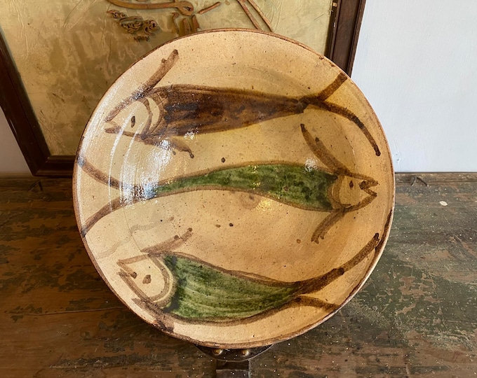 Large 31cm Antique Canakkale Ceramic Fish Plate - Rare 19th Century Ottoman Folk Art Pottery -Authentic Hand-Painted Turkish Terracotta Bowl