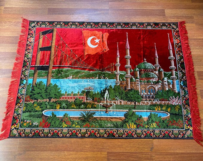 Vintage Turkish Wall Rug – Mosque, Flag & Bridge Motif – Istanbul Tapestry – Patriotic Wool Art – Boho Oriental Home Decor