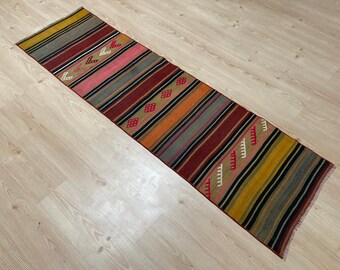 Colorfull Kilim  Rug,Turkish Striped color full Rug,Vintage Kilim  Rug,Boho Rug,Oushak Rug,Colorfull Kilim Rug,214 x 61 cm,7'02 x 2 Feet,