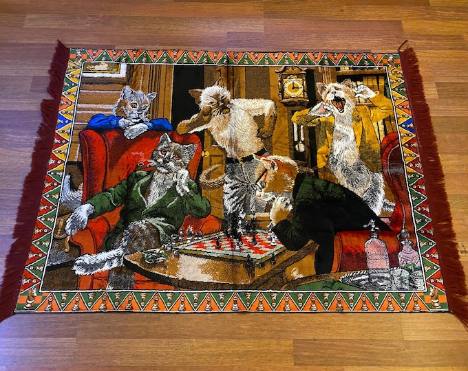 Cats Playing Chess Tapestry: Rare Vintage Wall Decor, Turkish Origin