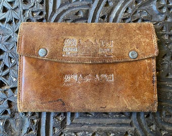 Authentic 19th Century Ottoman Leather Wallet –Hand-Embossed Mosque Motif –Bilingual Artifact (Ottoman & French)–Souvenir de Constantinople