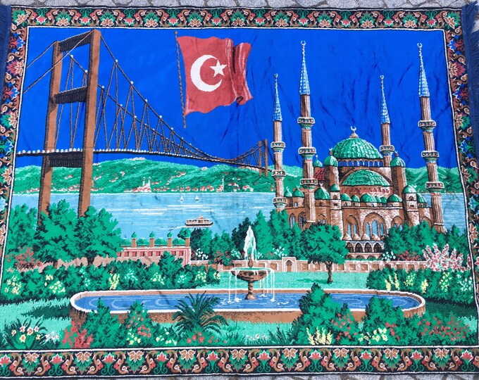 Pretty Wall Decor Rug,Vintage Wall Decor Tapestry Rug,Turkish Tapestry Rug,İstanbul Panorama Tapestry Rug,Blue Mosq Tapestry Rug,Vintage Rug