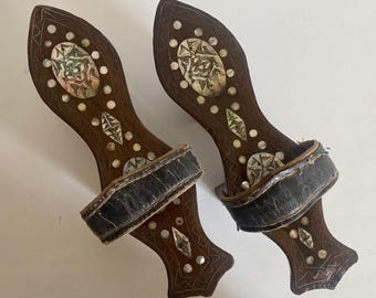 Antique Ottoman Bride Bath Slippers | Mother of Pearl & Wood Carving | Rare Hamam Wedding Accessory
