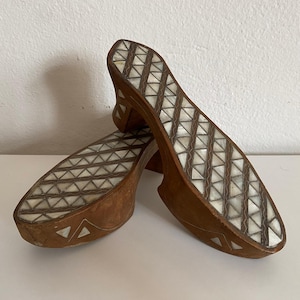 Antique Ottoman Bride Bath Slippers | Mother of Pearl & Wood Carving | Rare Hamam Wedding Accessory