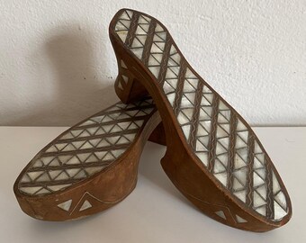 Antique Ottoman Bride Bath Slippers | Mother of Pearl & Wood Carving | Rare Hamam Wedding Accessory
