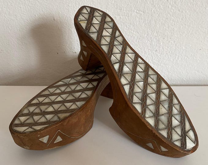 Antique Ottoman Bride Bath Slippers | Mother of Pearl & Wood Carving | Rare Hamam Wedding Accessory