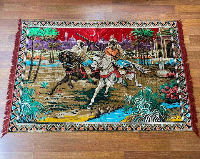 Vintage Handwoven Wall Tapestry – Horseback Lovers Scene, Oriental Art Rug