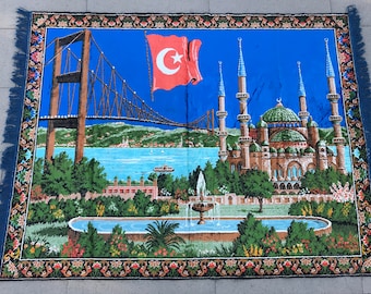 Bosphorus Picture on Tapestry Rug,İstanbul Panorama Tapestry on Rug,Wall Decor Rug,Vintage Tapestry Rug,Pretty Wall Decor Rug,Vintage Rug,