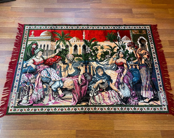 Vintage Turkish Wall Rug – “Kahveci Güzeli” (The Coffee Lady) – Handwoven Wool Tapestry – Oriental Decor – Cultural Textile Art