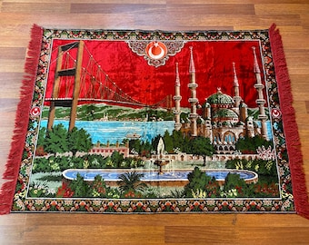 Vintage Turkish Wall Rug – Mosque, Flag & Bridge Motif – Istanbul Tapestry – Patriotic Wool Art – Boho Oriental Home Decor