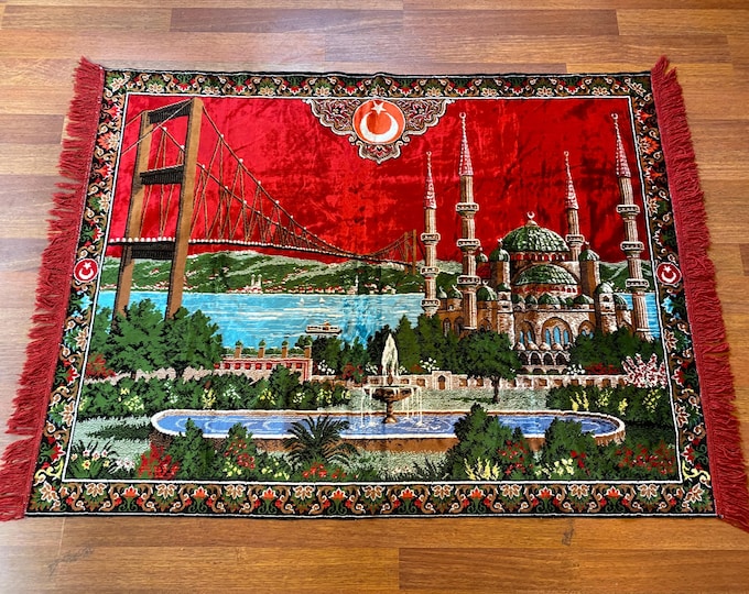 Vintage Turkish Wall Rug – Mosque, Flag & Bridge Motif – Istanbul Tapestry – Patriotic Wool Art – Boho Oriental Home Decor