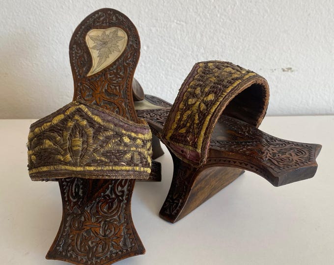 Antique Ottoman Bride Bath Slippers | Mother of Pearl & Wood Carving | Rare Hamam Wedding Accessory