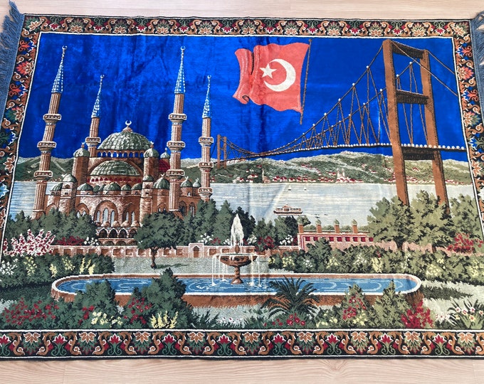Pretty Wall Decor Rug,Vintage Wall Decor Tapestry Rug,Turkish Tapestry Rug,İstanbul Panorama Tapestry Rug,Blue Mosq Tapestry Rug,Vintage Rug