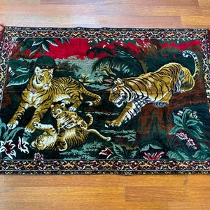 Vintage Tiger Wall Tapestry | Jungle Scene with Tiger Family | Wildlife Gobelin Wall Hanging | Animal Lover Decor