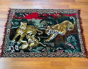 Vintage Tiger Wall Tapestry | Jungle Scene with Tiger Family | Wildlife Gobelin Wall Hanging | Animal Lover Decor