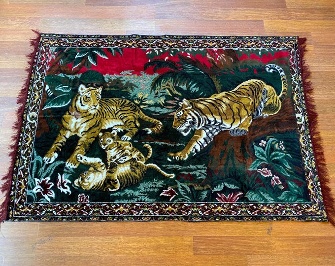 Vintage Tiger Wall Tapestry | Jungle Scene with Tiger Family | Wildlife Gobelin Wall Hanging | Animal Lover Decor