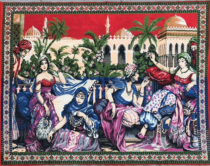 Turkish Tapestry,Pretty Wall Decor Rug,Vintage Home Decor Tapestry Rug,Ladies Fun,Turkish Rug,Boho Rug,Oushak Rug,İllustrated Tapestry Rug,