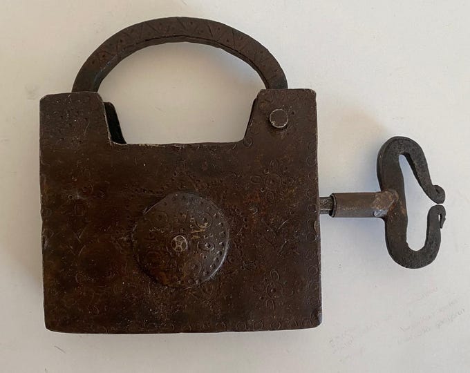 Antique Ottoman Padlock with Keys | Hand-Forged Iron Lock | Silver Ornament Rare Collectible Lock