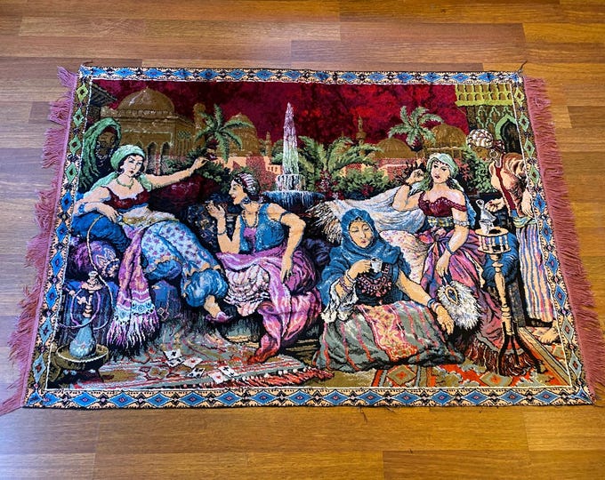 Vintage Turkish Coffee Lady Rug: Handwoven Wool Tapestry, Oriental Decor