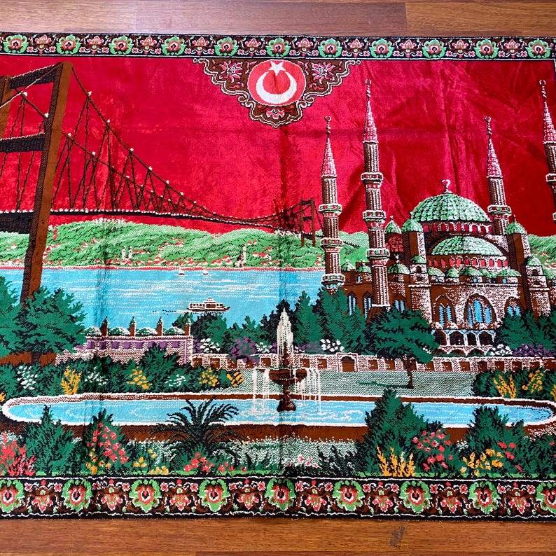 Turkish Rug Sticker Vintage Turkish Wall Rug – Mosque, Flag & Bridge Motif – Istanbul ...