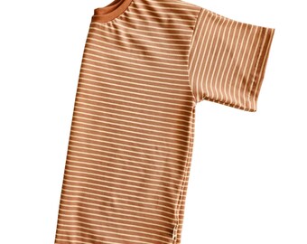 Caramel stripes baby and kids t-shirt with relaxed and slightly oversized fit, comfortable unisex toddler t-shirt, organic clothing