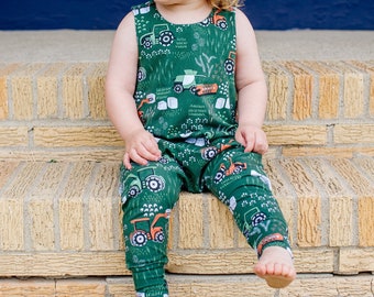 Tractor harem jumpsuit, combine harvester baby romper, organic baby boy clothes, green toddler playsuit, farm vehicle tank overall