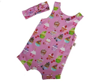 1st birthday set twin baby cake smash outfit sweet organic baby clothes baby girl harem jumpsuit Pink cupcake summer romper and headband