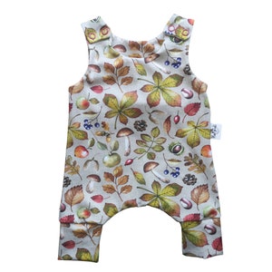 Fall foliage baby romper, woodland theme organic baby clothes, autumn leaves toddler harem jumpsuit, kids playsuit, tank overall