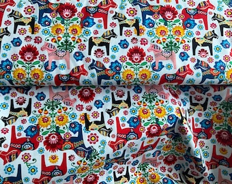 Floral dala horses organic cotton stretch jersey fabric by the meter, soft colorful European CL knit, vibrant and fun dressmaking fabric