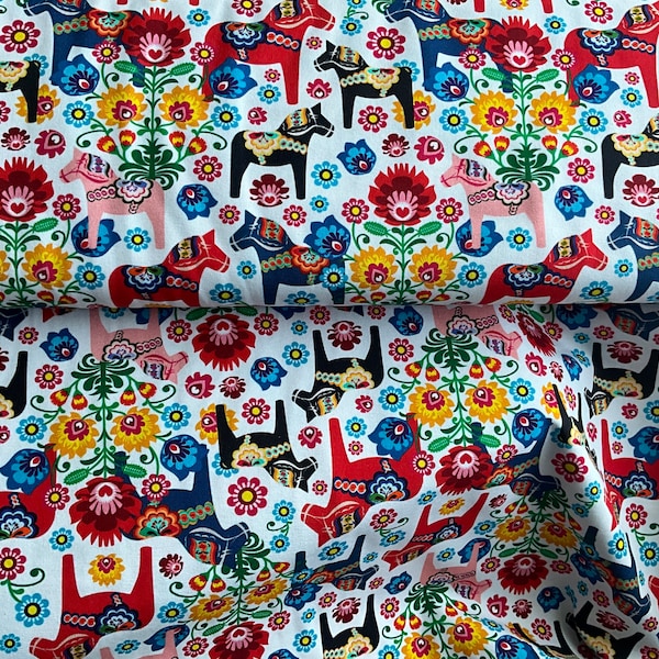 Floral dala horses organic cotton stretch jersey fabric by the meter, soft colorful European CL knit, vibrant and fun dressmaking fabric