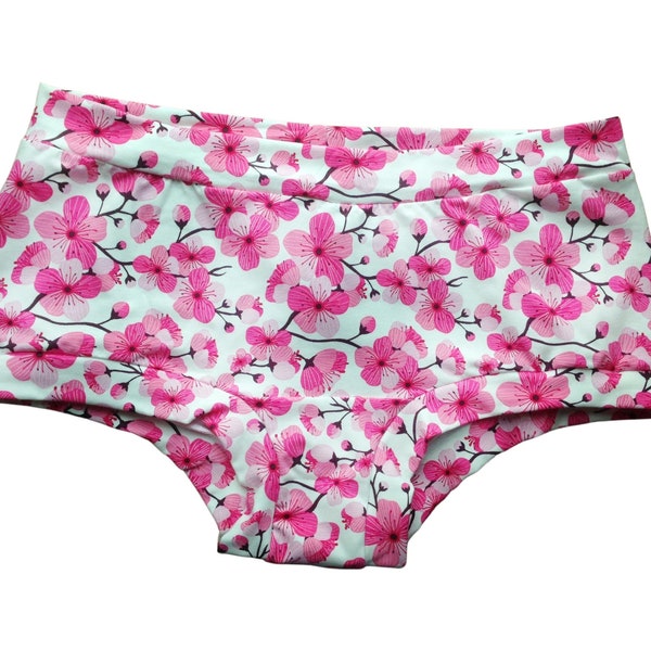 Cherry blossoms women's underpants, floral comfortable organic cotton jersey lounge panties, elastic free underwear boyleg and brief style