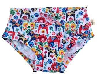 Floral dala horses women's underpants, comfortable organic cotton jersey lounge panties, elastic free underwear boyleg and brief style