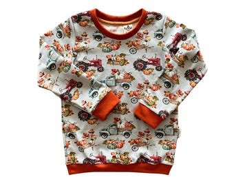 Pumpkin trucks and tractors toddler boy sweatshirt, farm theme organic baby clothes, kids t-shirt, sustainable sweater, autumn clothes