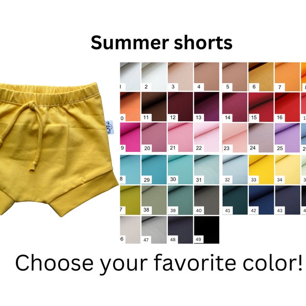 Solid color summer shorts, minimalist organic baby clothes, cloth diaper cover pants, toddler bummies, kids beach style, high waist shorties