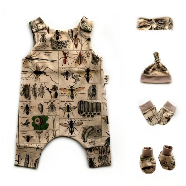 Tenue de retour à la maison pour nouveau-né avec imprimé insectes vintage, vêtements de bébé bio neutres en matière de genre, ensemble cadeau de baby shower sarouel sur le thème des insectes